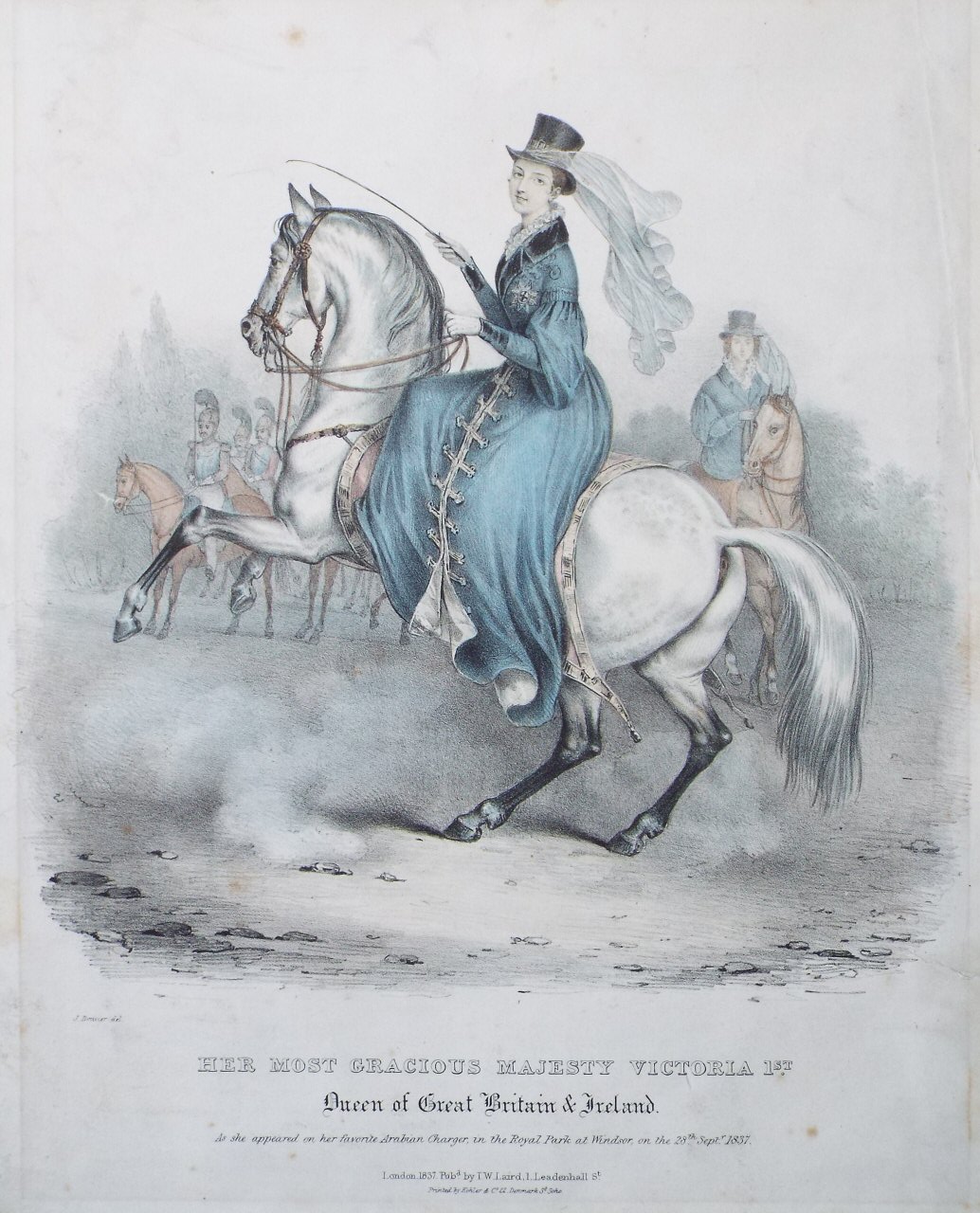 Lithograph - Her Most Gracious Majesty Victoria 1st, Queen of Great Britain & Ireland. As she appeared on her favorite Arabian Chager, in the Royal Park at Windsor, on the 28th Septr. 1837.
